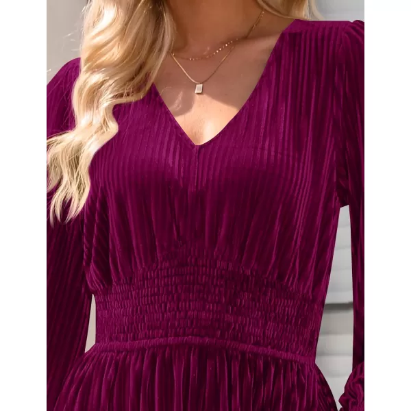 imageZESICA Womens Velvet Midi Dress Casual V Neck Long Sleeve Solid Color Elastic High Waist Flowy Evening Party DressesPlum