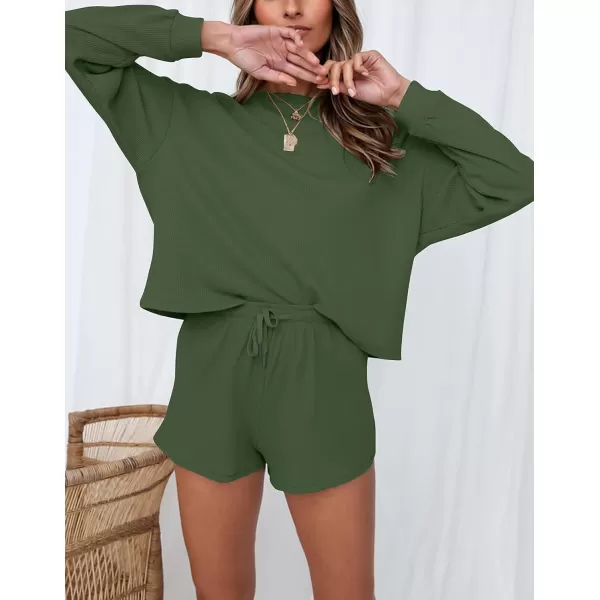 imageZESICA Womens Waffle Knit Long Sleeve Top and Shorts Pullover Nightwear Lounge Pajama Set with PocketsArmygreen