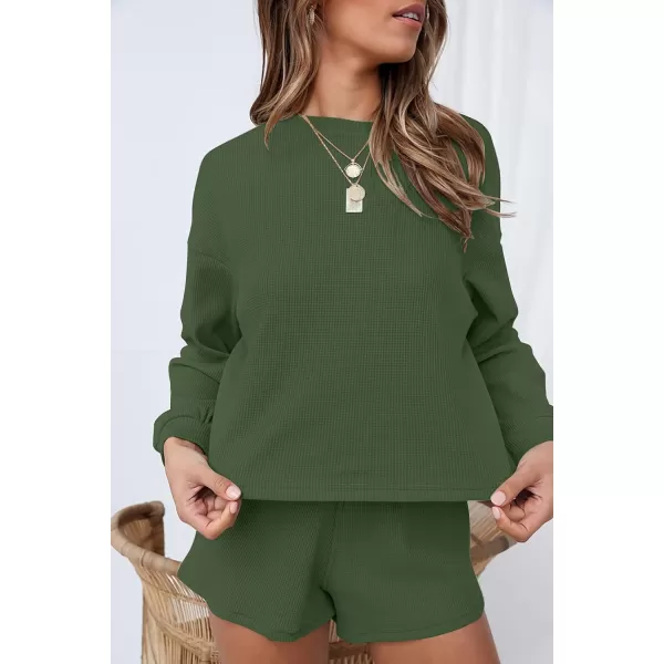 imageZESICA Womens Waffle Knit Long Sleeve Top and Shorts Pullover Nightwear Lounge Pajama Set with PocketsArmygreen