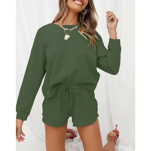 imageZESICA Womens Waffle Knit Long Sleeve Top and Shorts Pullover Nightwear Lounge Pajama Set with PocketsArmygreen