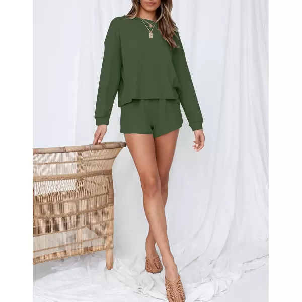 imageZESICA Womens Waffle Knit Long Sleeve Top and Shorts Pullover Nightwear Lounge Pajama Set with PocketsArmygreen