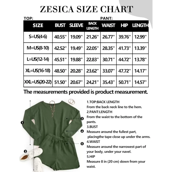 imageZESICA Womens Waffle Knit Long Sleeve Top and Shorts Pullover Nightwear Lounge Pajama Set with PocketsArmygreen