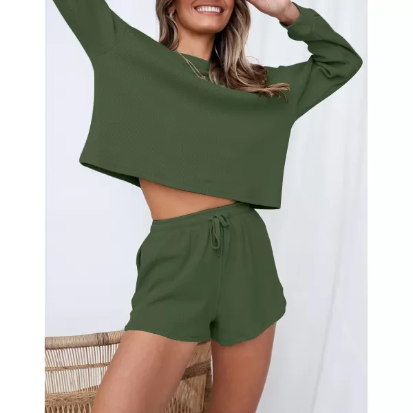 imageZESICA Womens Waffle Knit Long Sleeve Top and Shorts Pullover Nightwear Lounge Pajama Set with PocketsArmygreen