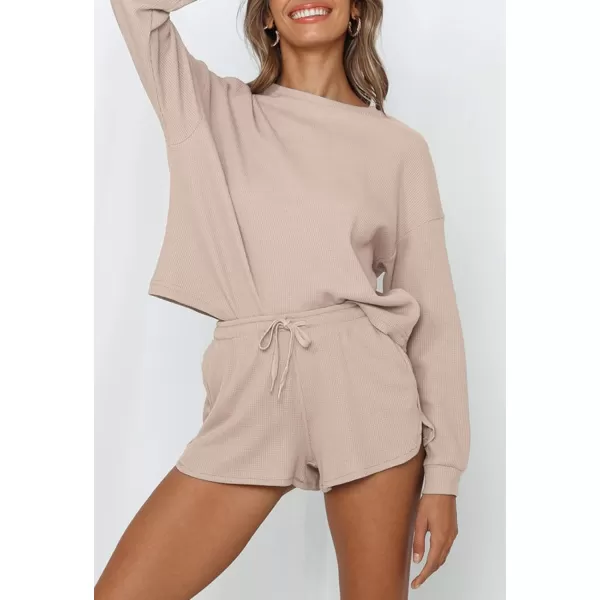 imageZESICA Womens Waffle Knit Long Sleeve Top and Shorts Pullover Nightwear Lounge Pajama Set with PocketsBeige