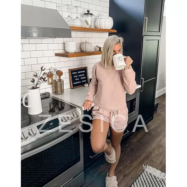 imageZESICA Womens Waffle Knit Long Sleeve Top and Shorts Pullover Nightwear Lounge Pajama Set with PocketsBeige
