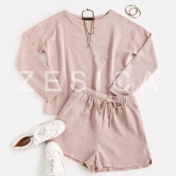 imageZESICA Womens Waffle Knit Long Sleeve Top and Shorts Pullover Nightwear Lounge Pajama Set with PocketsBeige