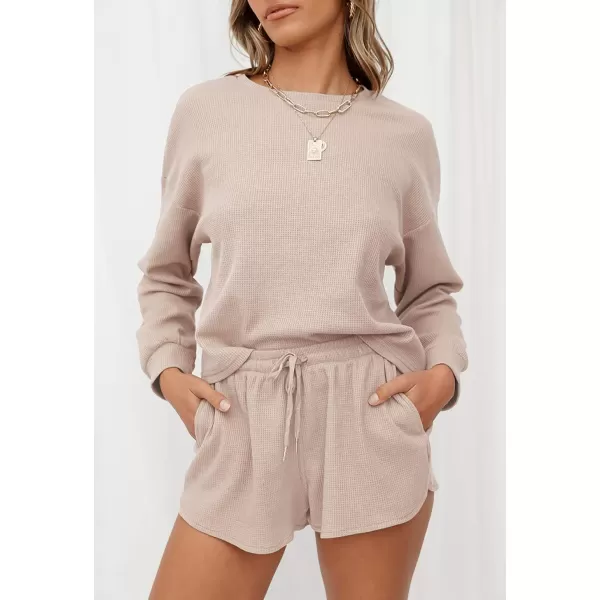 imageZESICA Womens Waffle Knit Long Sleeve Top and Shorts Pullover Nightwear Lounge Pajama Set with PocketsBeige