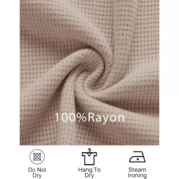 imageZESICA Womens Waffle Knit Long Sleeve Top and Shorts Pullover Nightwear Lounge Pajama Set with PocketsBeige
