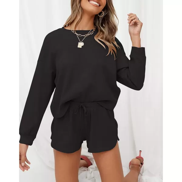 imageZESICA Womens Waffle Knit Long Sleeve Top and Shorts Pullover Nightwear Lounge Pajama Set with PocketsBlack