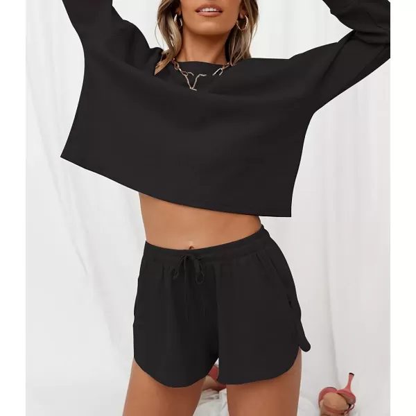 imageZESICA Womens Waffle Knit Long Sleeve Top and Shorts Pullover Nightwear Lounge Pajama Set with PocketsBlack