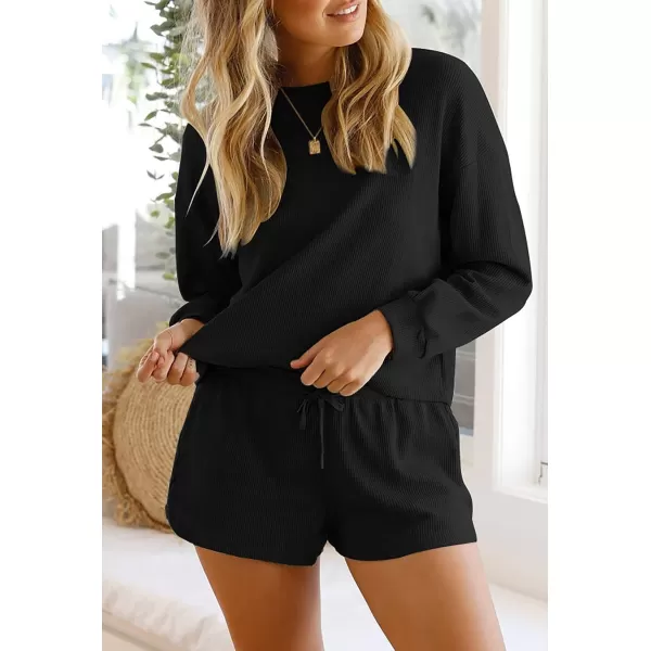 imageZESICA Womens Waffle Knit Long Sleeve Top and Shorts Pullover Nightwear Lounge Pajama Set with PocketsBlack