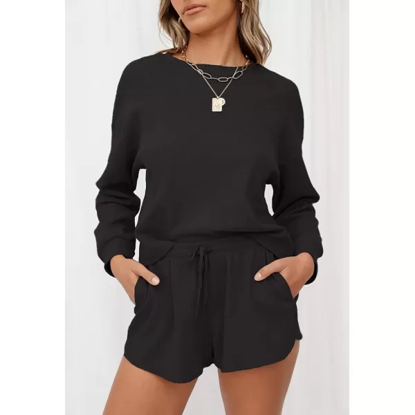 imageZESICA Womens Waffle Knit Long Sleeve Top and Shorts Pullover Nightwear Lounge Pajama Set with PocketsBlack