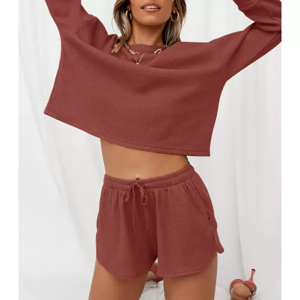 imageZESICA Womens Waffle Knit Long Sleeve Top and Shorts Pullover Nightwear Lounge Pajama Set with PocketsBrickred