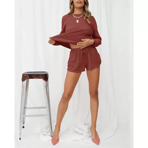 imageZESICA Womens Waffle Knit Long Sleeve Top and Shorts Pullover Nightwear Lounge Pajama Set with PocketsBrickred