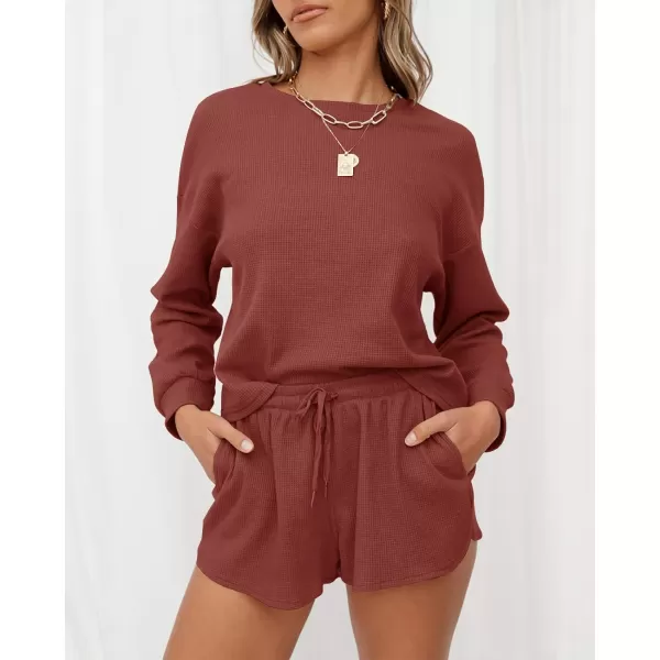 imageZESICA Womens Waffle Knit Long Sleeve Top and Shorts Pullover Nightwear Lounge Pajama Set with PocketsBrickred