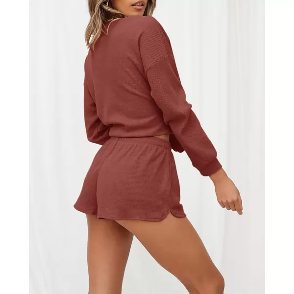 imageZESICA Womens Waffle Knit Long Sleeve Top and Shorts Pullover Nightwear Lounge Pajama Set with PocketsBrickred