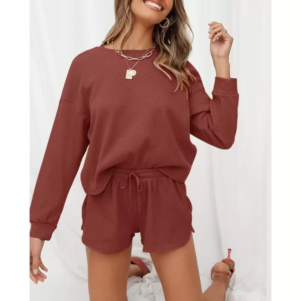 imageZESICA Womens Waffle Knit Long Sleeve Top and Shorts Pullover Nightwear Lounge Pajama Set with PocketsBrickred