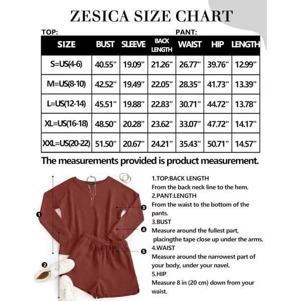imageZESICA Womens Waffle Knit Long Sleeve Top and Shorts Pullover Nightwear Lounge Pajama Set with PocketsBrickred