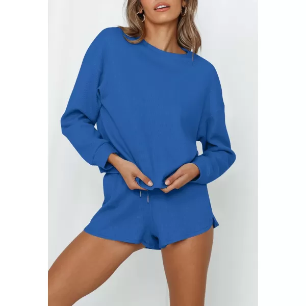imageZESICA Womens Waffle Knit Long Sleeve Top and Shorts Pullover Nightwear Lounge Pajama Set with PocketsCobalt