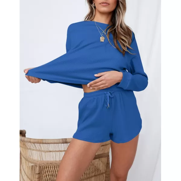 imageZESICA Womens Waffle Knit Long Sleeve Top and Shorts Pullover Nightwear Lounge Pajama Set with PocketsCobalt