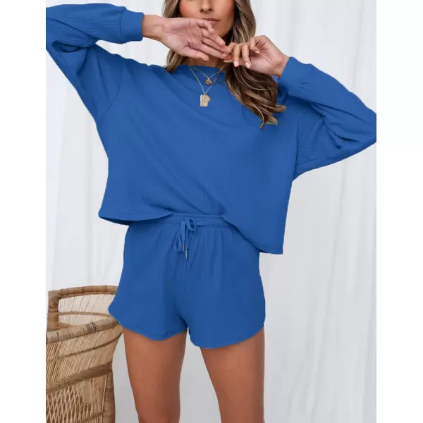 imageZESICA Womens Waffle Knit Long Sleeve Top and Shorts Pullover Nightwear Lounge Pajama Set with PocketsCobalt