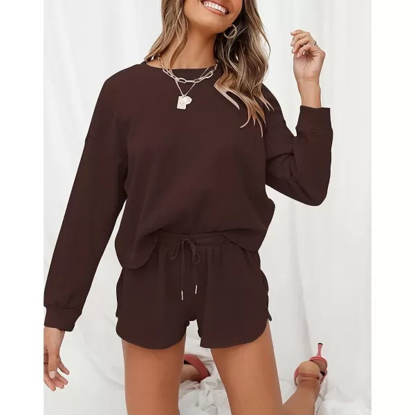 imageZESICA Womens Waffle Knit Long Sleeve Top and Shorts Pullover Nightwear Lounge Pajama Set with PocketsCoffee