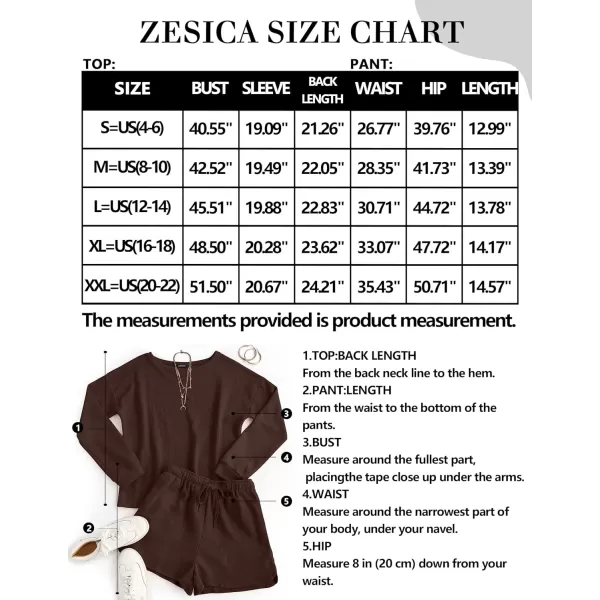 imageZESICA Womens Waffle Knit Long Sleeve Top and Shorts Pullover Nightwear Lounge Pajama Set with PocketsCoffee