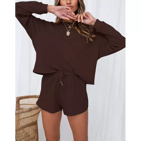 imageZESICA Womens Waffle Knit Long Sleeve Top and Shorts Pullover Nightwear Lounge Pajama Set with PocketsCoffee