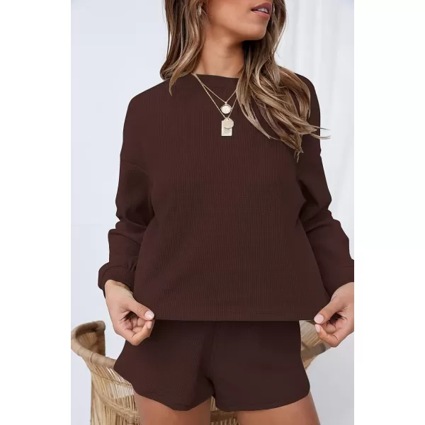 imageZESICA Womens Waffle Knit Long Sleeve Top and Shorts Pullover Nightwear Lounge Pajama Set with PocketsCoffee