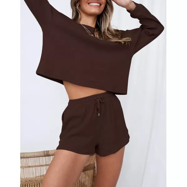 imageZESICA Womens Waffle Knit Long Sleeve Top and Shorts Pullover Nightwear Lounge Pajama Set with PocketsCoffee