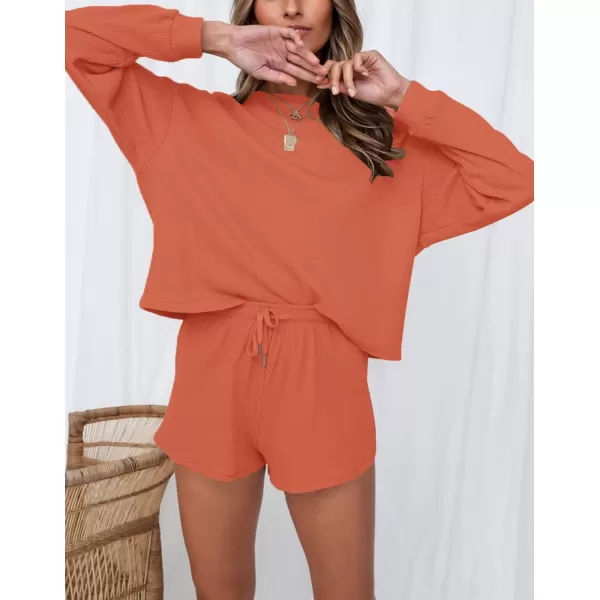 imageZESICA Womens Waffle Knit Long Sleeve Top and Shorts Pullover Nightwear Lounge Pajama Set with PocketsCoral
