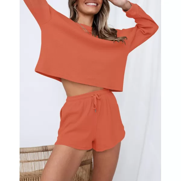 imageZESICA Womens Waffle Knit Long Sleeve Top and Shorts Pullover Nightwear Lounge Pajama Set with PocketsCoral