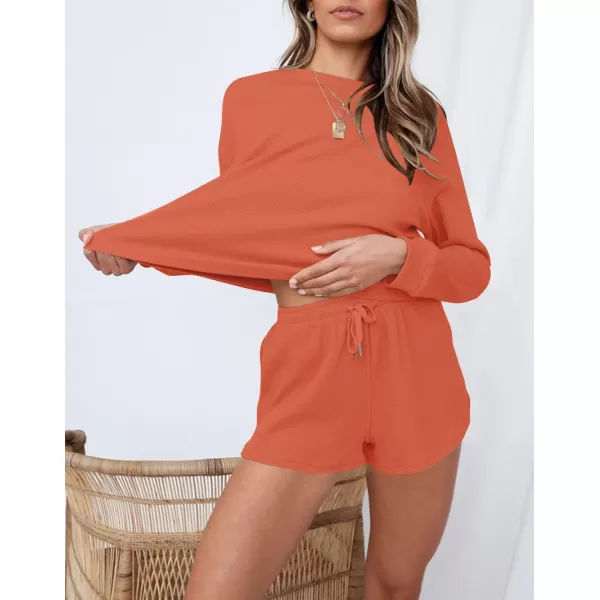 imageZESICA Womens Waffle Knit Long Sleeve Top and Shorts Pullover Nightwear Lounge Pajama Set with PocketsCoral