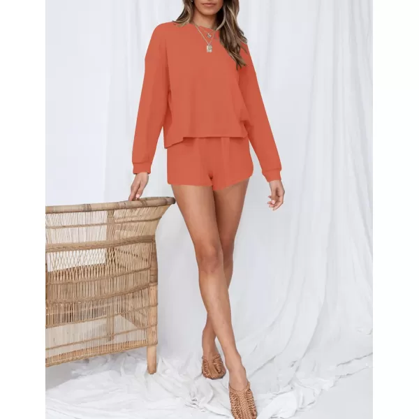 imageZESICA Womens Waffle Knit Long Sleeve Top and Shorts Pullover Nightwear Lounge Pajama Set with PocketsCoral