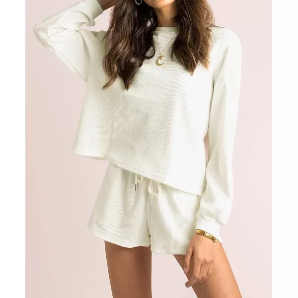 imageZESICA Womens Waffle Knit Long Sleeve Top and Shorts Pullover Nightwear Lounge Pajama Set with PocketsCream