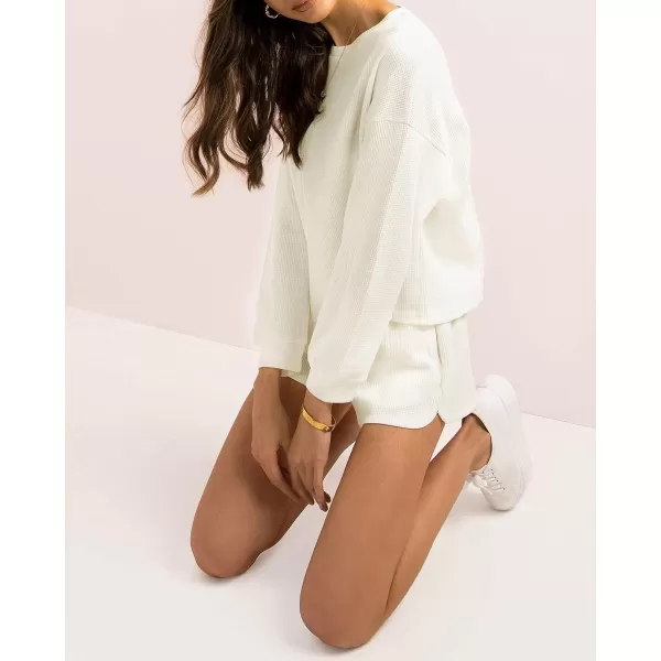 imageZESICA Womens Waffle Knit Long Sleeve Top and Shorts Pullover Nightwear Lounge Pajama Set with PocketsCream