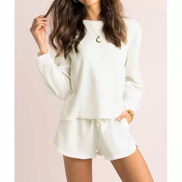 imageZESICA Womens Waffle Knit Long Sleeve Top and Shorts Pullover Nightwear Lounge Pajama Set with PocketsCream