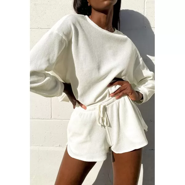 imageZESICA Womens Waffle Knit Long Sleeve Top and Shorts Pullover Nightwear Lounge Pajama Set with PocketsCream