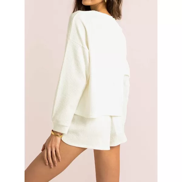 imageZESICA Womens Waffle Knit Long Sleeve Top and Shorts Pullover Nightwear Lounge Pajama Set with PocketsCream