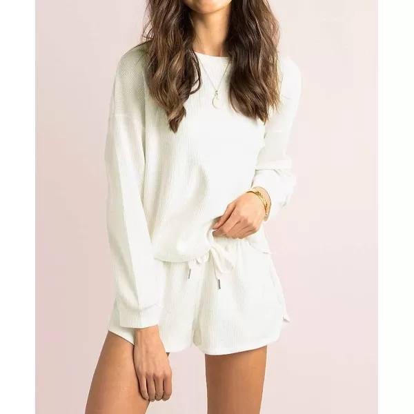 imageZESICA Womens Waffle Knit Long Sleeve Top and Shorts Pullover Nightwear Lounge Pajama Set with PocketsCream