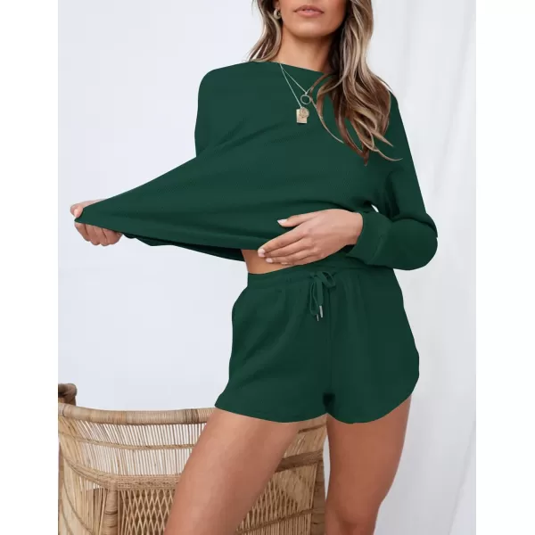 imageZESICA Womens Waffle Knit Long Sleeve Top and Shorts Pullover Nightwear Lounge Pajama Set with PocketsDarkgreen