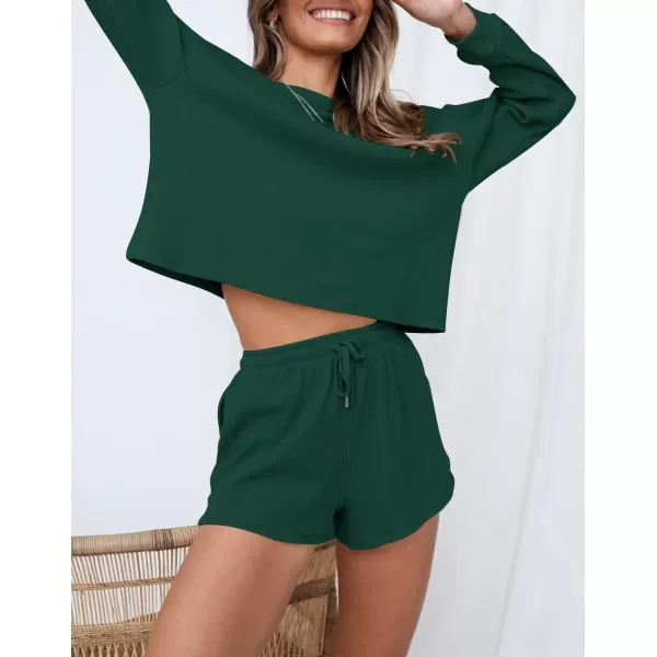 imageZESICA Womens Waffle Knit Long Sleeve Top and Shorts Pullover Nightwear Lounge Pajama Set with PocketsDarkgreen