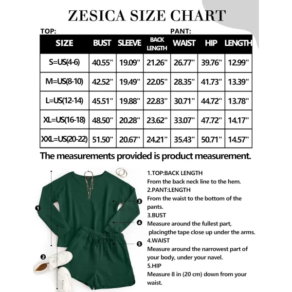 imageZESICA Womens Waffle Knit Long Sleeve Top and Shorts Pullover Nightwear Lounge Pajama Set with PocketsDarkgreen