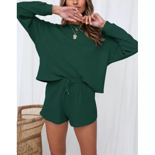 imageZESICA Womens Waffle Knit Long Sleeve Top and Shorts Pullover Nightwear Lounge Pajama Set with PocketsDarkgreen