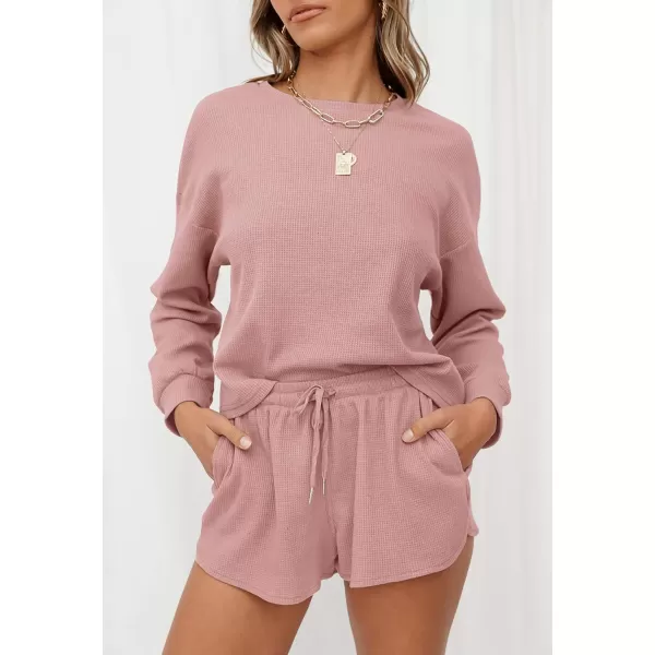 imageZESICA Womens Waffle Knit Long Sleeve Top and Shorts Pullover Nightwear Lounge Pajama Set with PocketsDarkpink