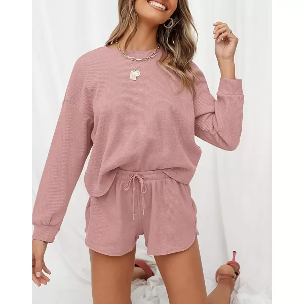 imageZESICA Womens Waffle Knit Long Sleeve Top and Shorts Pullover Nightwear Lounge Pajama Set with PocketsDarkpink