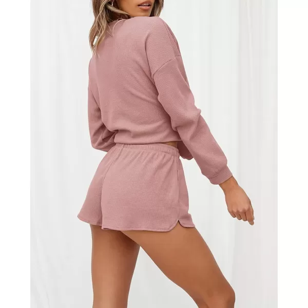 imageZESICA Womens Waffle Knit Long Sleeve Top and Shorts Pullover Nightwear Lounge Pajama Set with PocketsDarkpink
