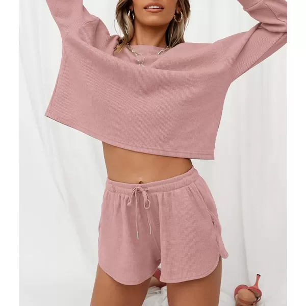 imageZESICA Womens Waffle Knit Long Sleeve Top and Shorts Pullover Nightwear Lounge Pajama Set with PocketsDarkpink