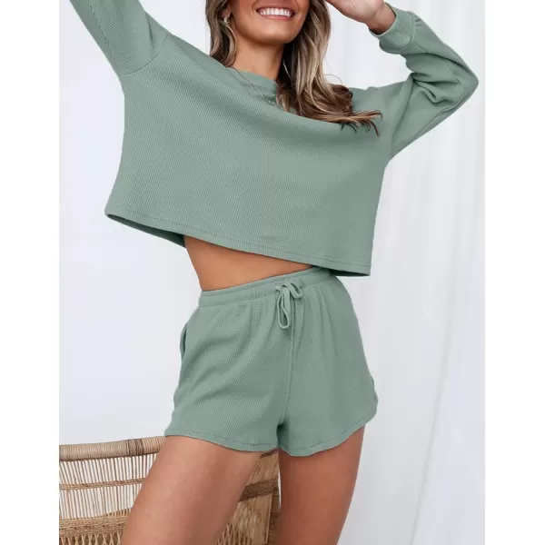 imageZESICA Womens Waffle Knit Long Sleeve Top and Shorts Pullover Nightwear Lounge Pajama Set with PocketsGreen