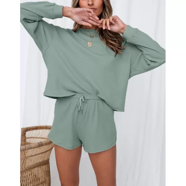 imageZESICA Womens Waffle Knit Long Sleeve Top and Shorts Pullover Nightwear Lounge Pajama Set with PocketsGreen